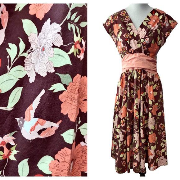 Folter Womens Brown Pink Floral Bird Crossover Bust Flare Skirt Retro Dress L - Picture 1 of 10